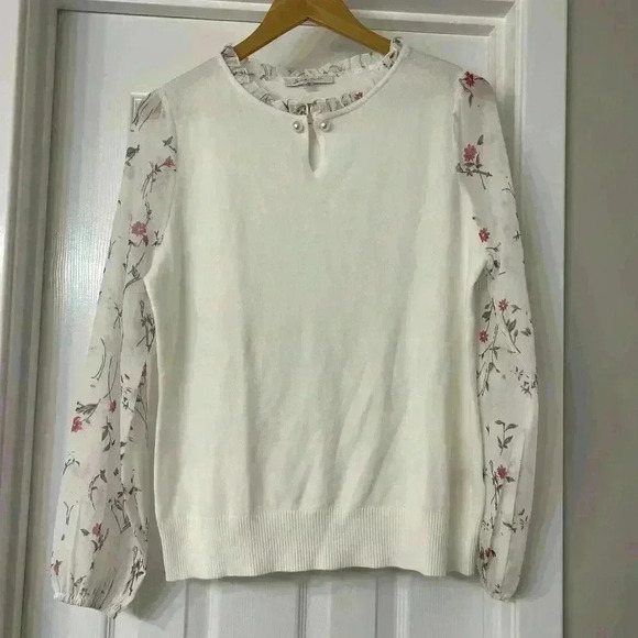 Sioni Milano White Knit Sweater With Sheer Sleeves- Sz. M Office Casual - Picture 1 of 7